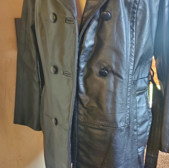 Vintage 70s Park Leather Black Leather Trench Coat - Picture 8 of 10